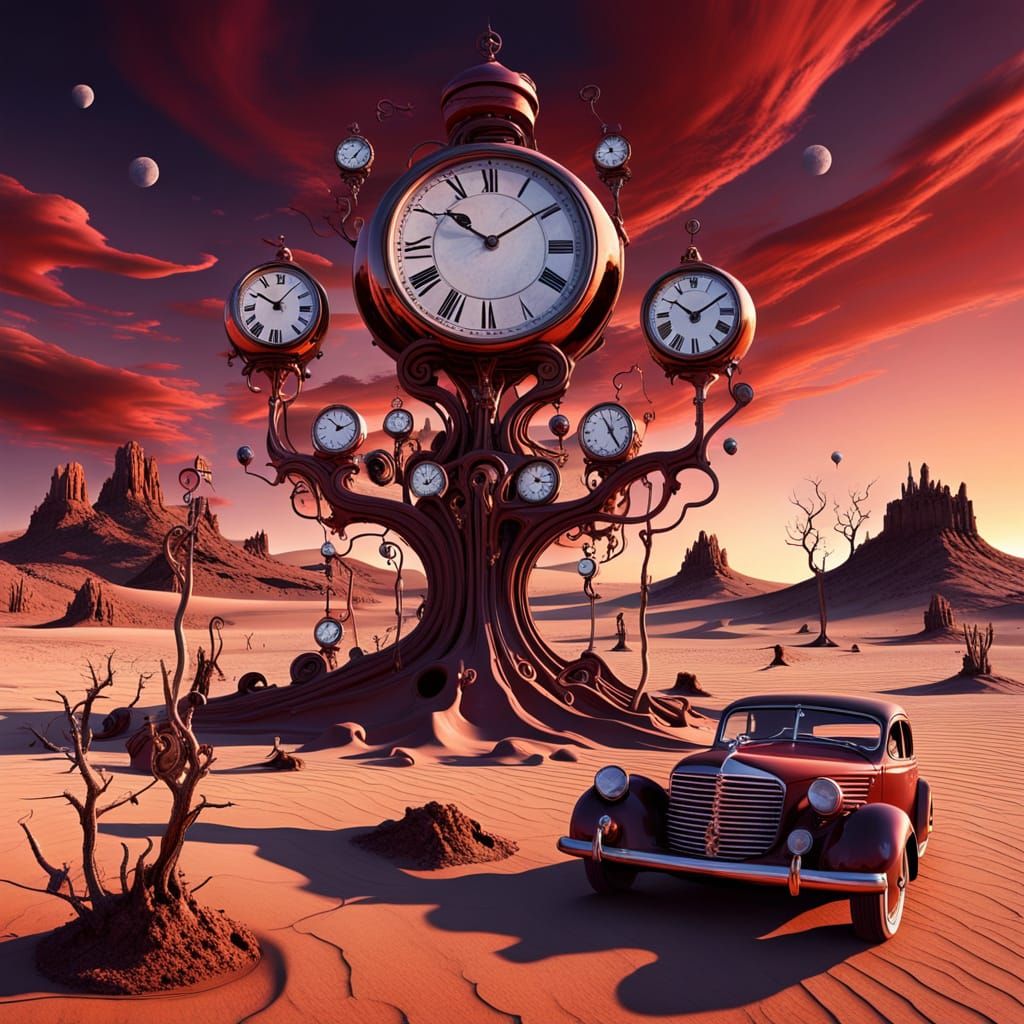 Surrealist Dreamscape with Melting Clocks in Crimson Twiligh...