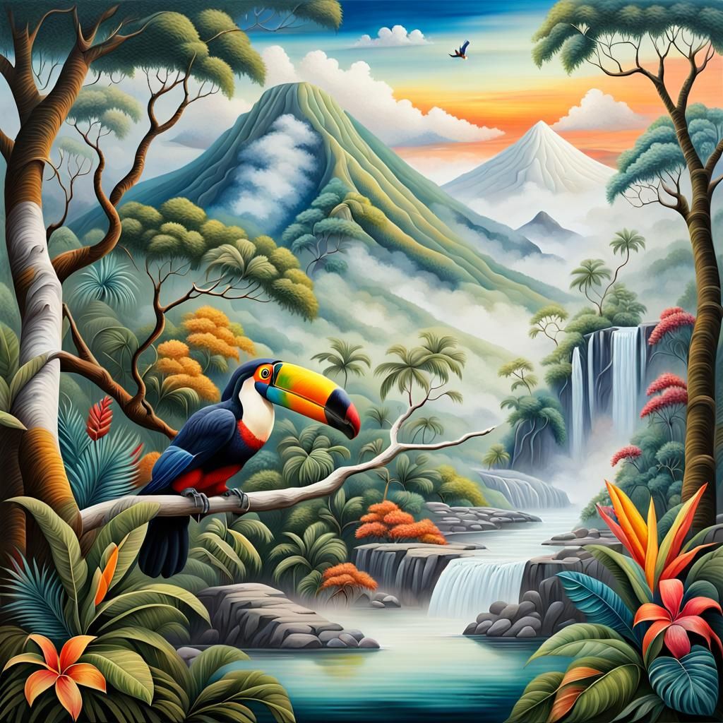 Tropical Forest Scene with Toucan and White Cougar