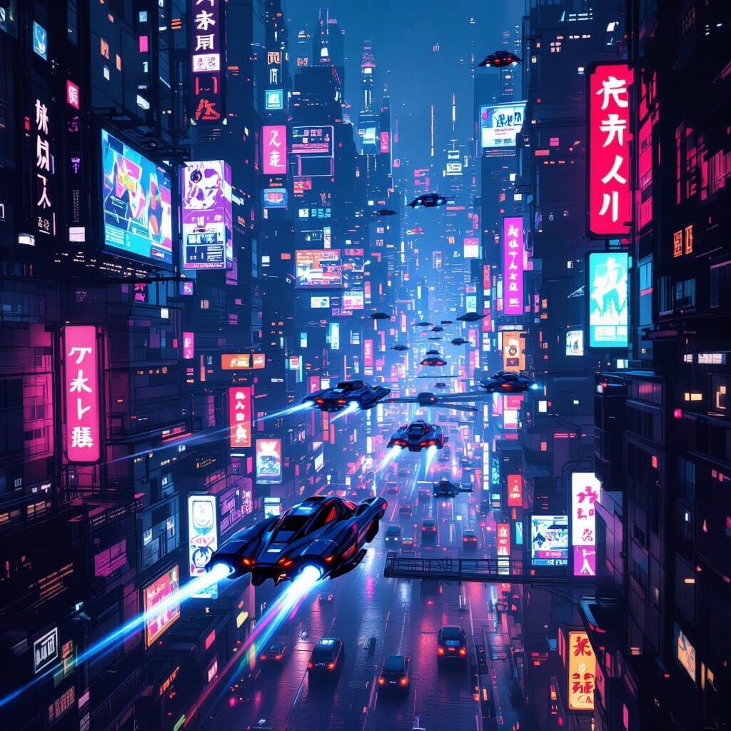 Cyberpunk Metropolis Night Scene with Flying Cars