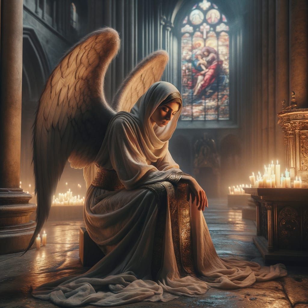 Angel in Cathedral Contemplates Faith in Baroque Realism