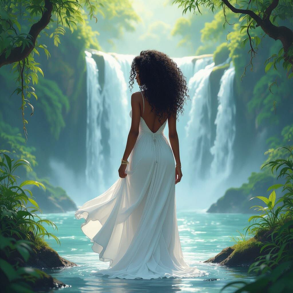 Mystical Waterfall Scene with Woman in Flowing Dress