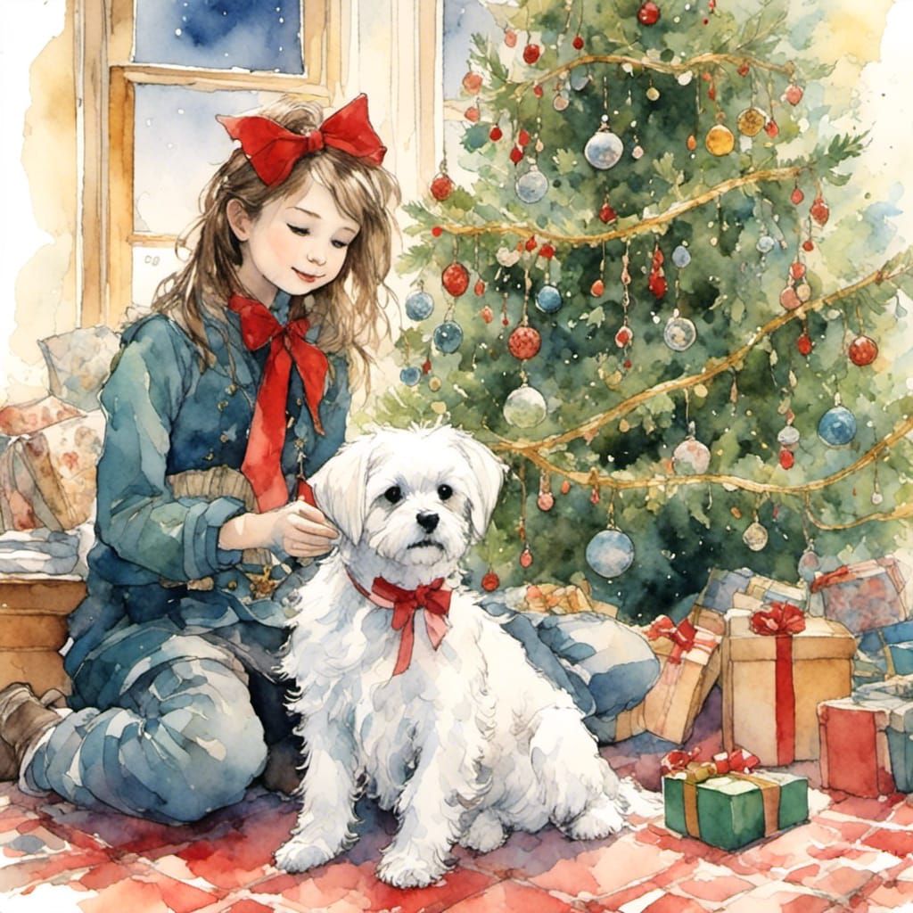 Children Find Maltese Puppy: Watercolor Ukiyo-e Illustration