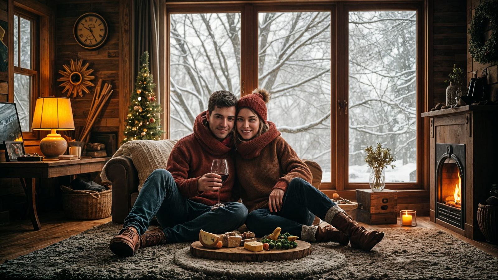 Cozy Evening: Couple by Fireplace in Snowstorm