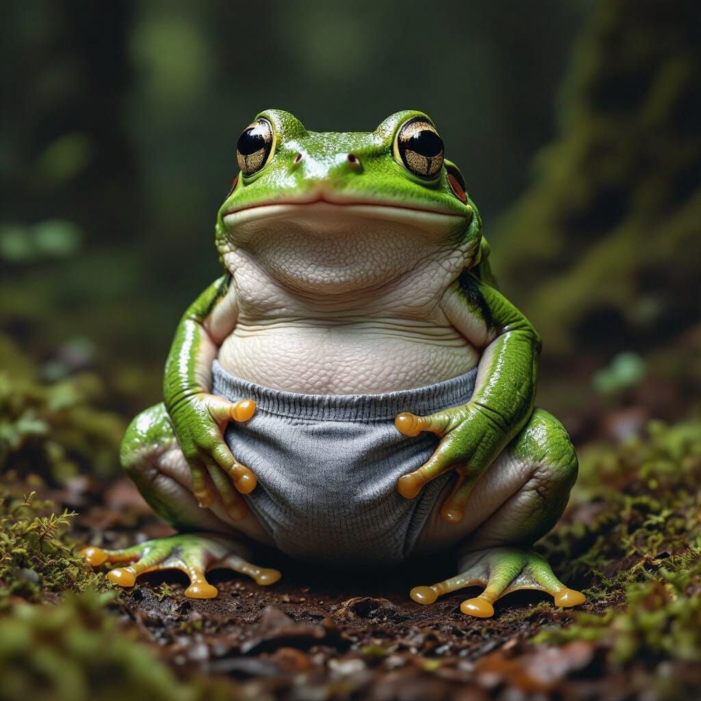Bewildered Frog in Tattered Underwear, Hyperrealistic Style