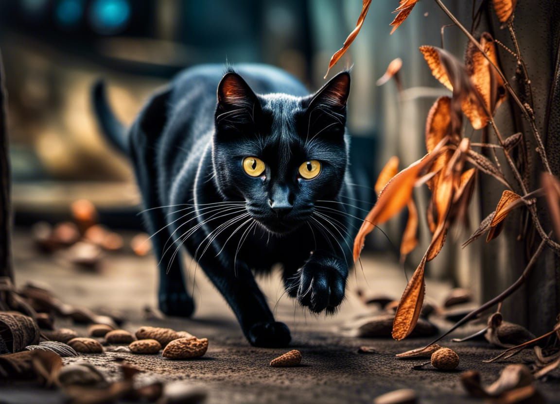 Agile Black Cat Hunting Prey in Hyperrealistic Style