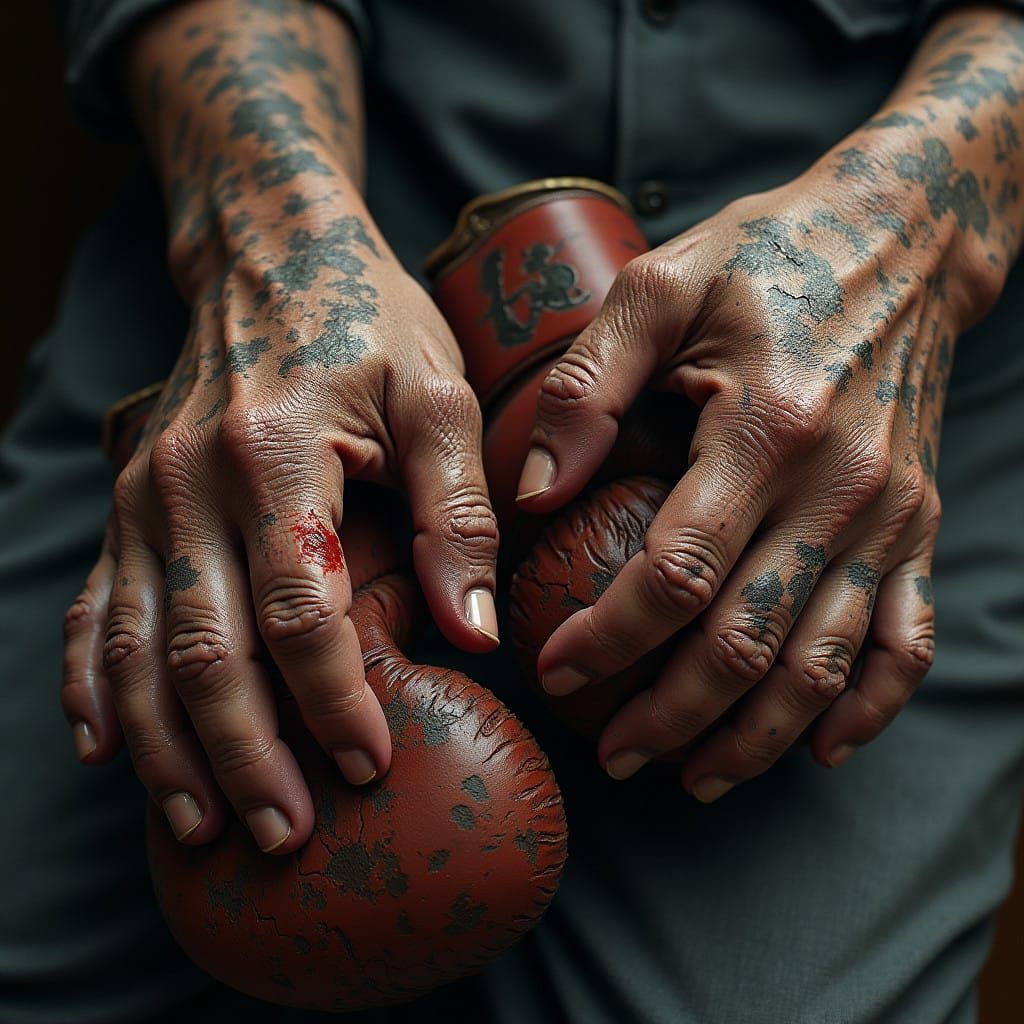 Battle-Scathed Warrior's Hands in a Dystopian Dream World