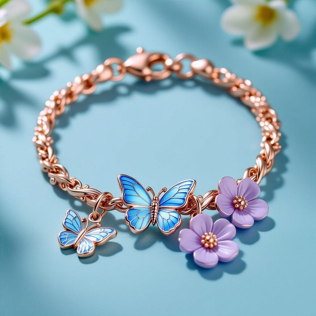 Rose Gold Bracelet with Butterfly and Flower Charms
