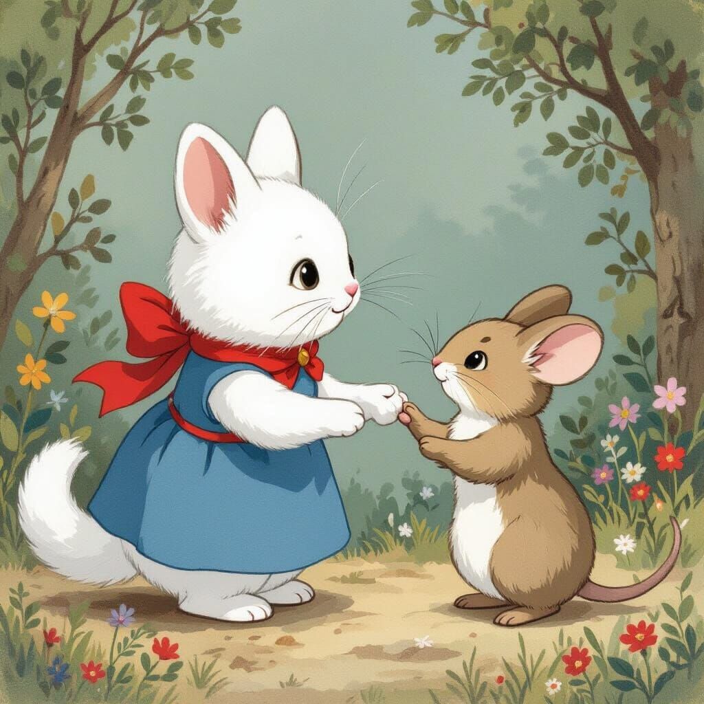A Blue-White Cat Greets a Mouse: Children's Book Illustratio...
