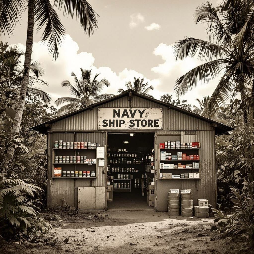 WW2 Pacific Island Navy Ship Store in 1943 Photograph