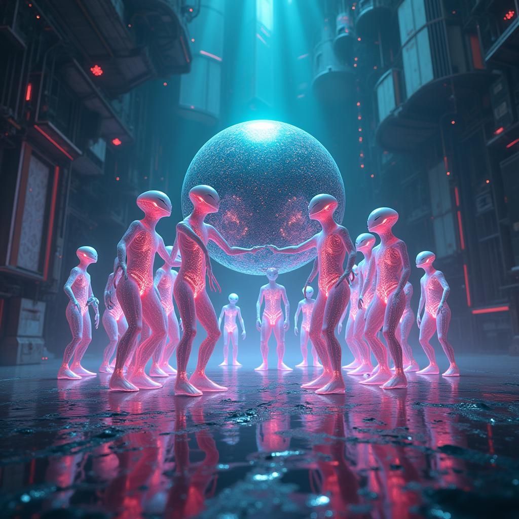 Otherworldly Beings Gather Around Levitating Orb in Futurist...