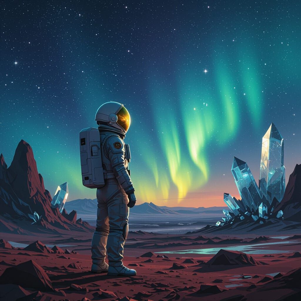 Astronaut Gazing at Alien Aurora in Matte Painting Style