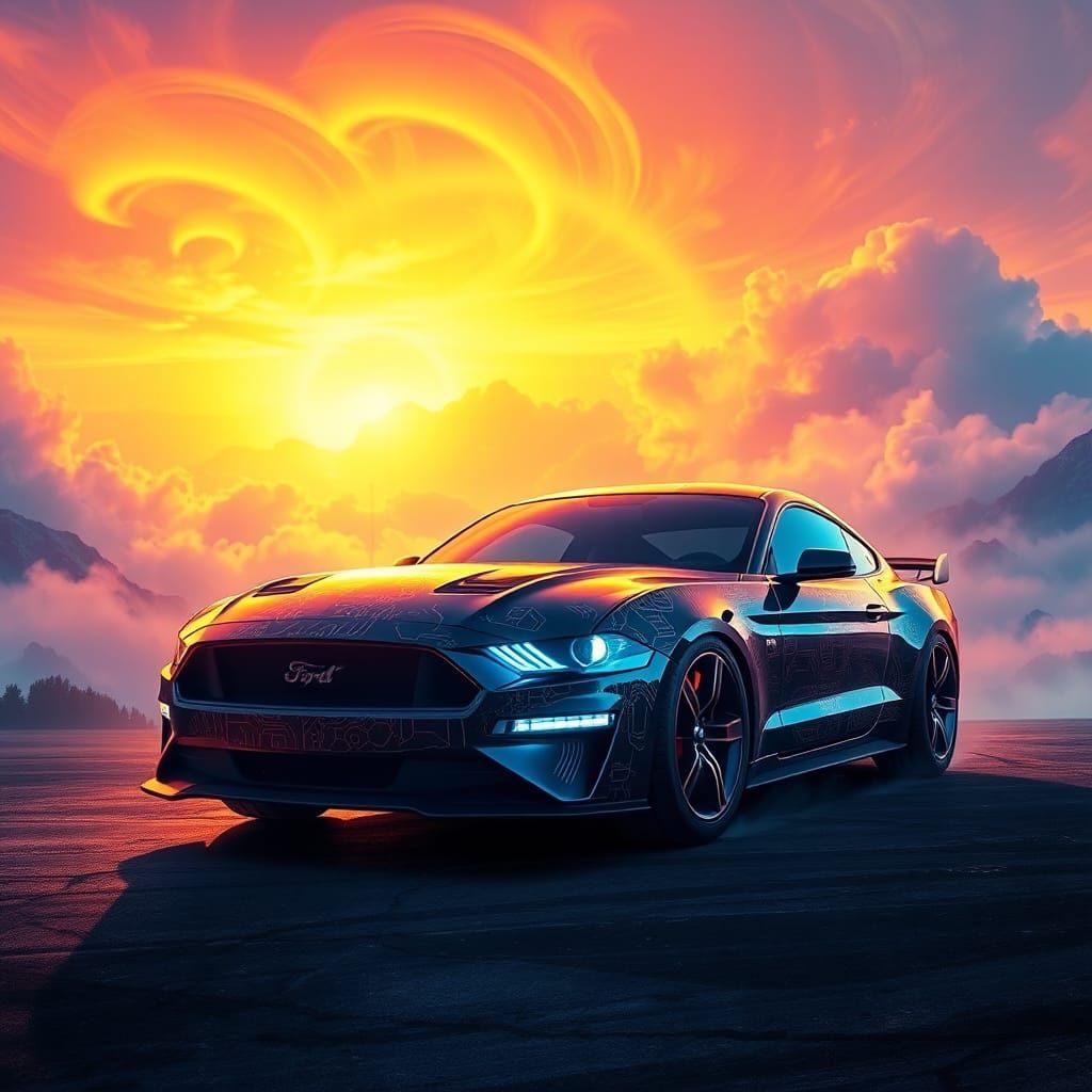 Futuristic Ford Mustang in Dreamlike Landscape