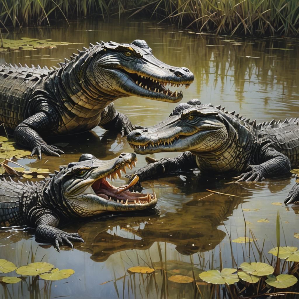 Alligators Fighting in Everglades: Realistic Close-Up