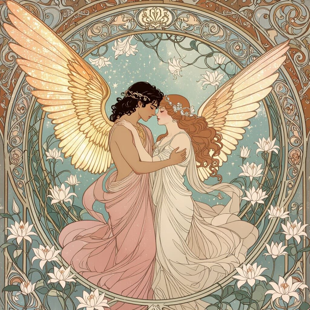 Mythological Lovers Embrace in Art Nouveau Style