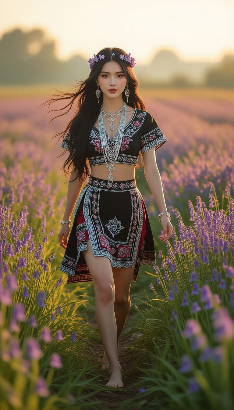 Hmong Woman in Blooming Field, Nouveau Art