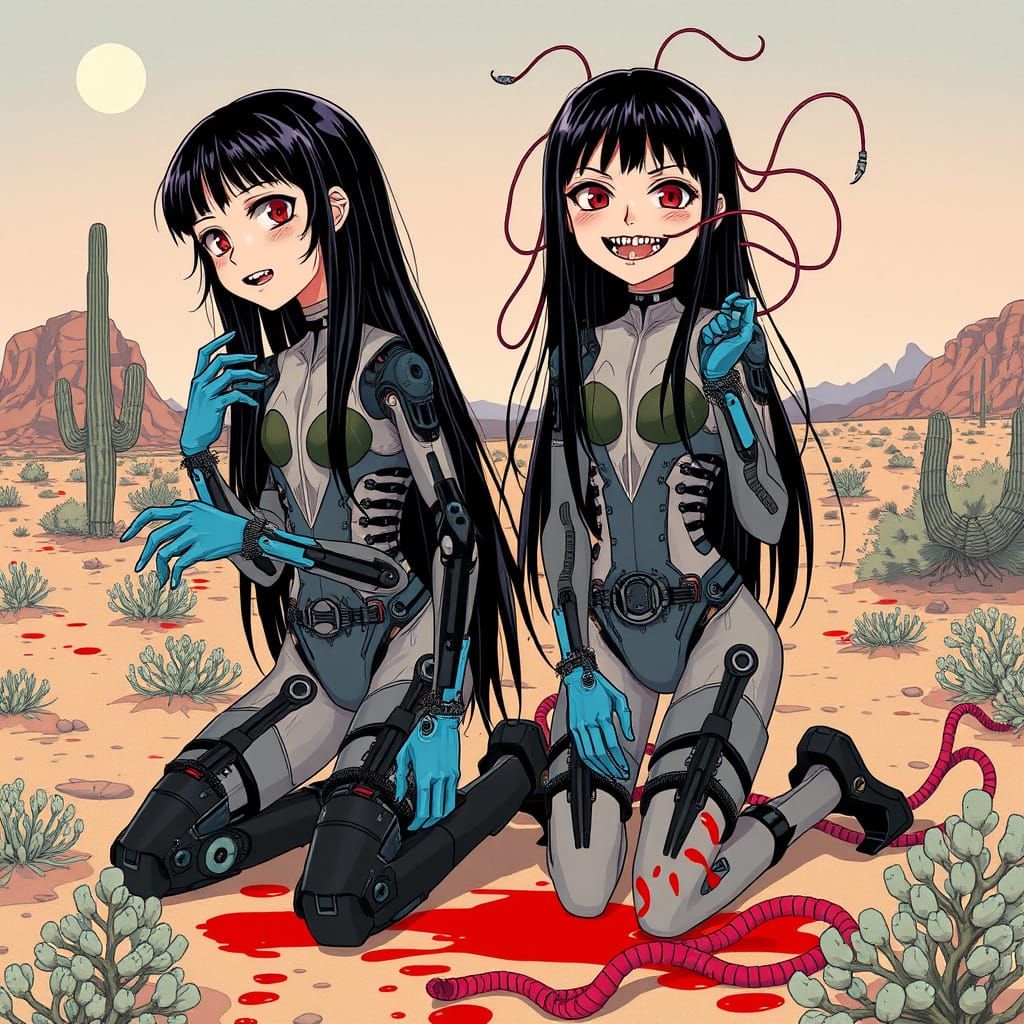 Anime Androids in Desert Landscape