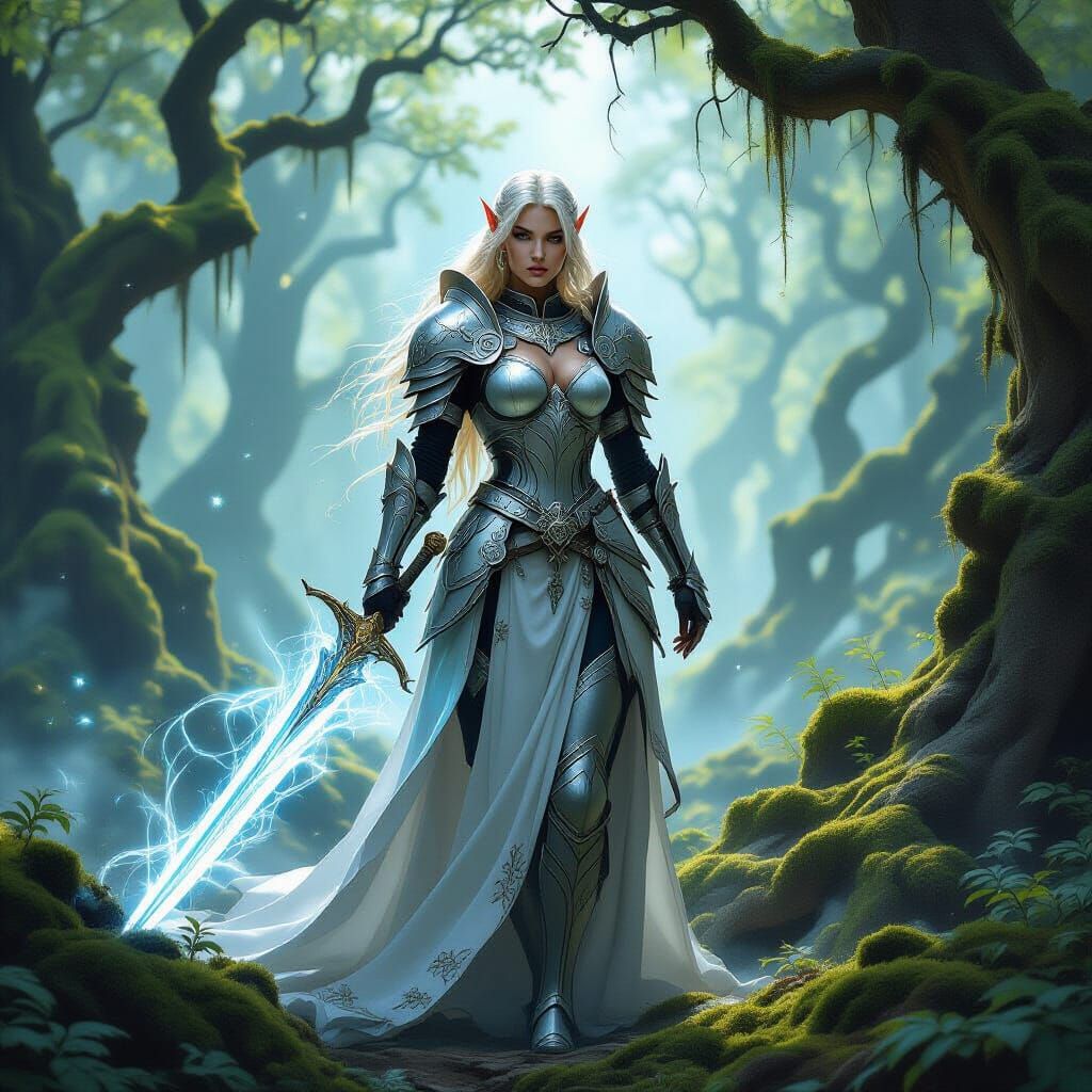 Elven Knight in Ancient Forest with Glowing Sword