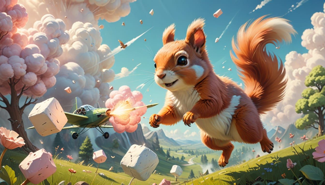 Whimsical Marshmallow Cloud War with Acrobatic Squirrel
