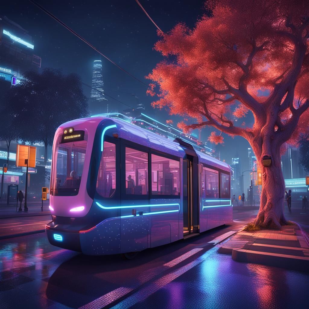 Futuristic Driverless Public Transport in Neon City