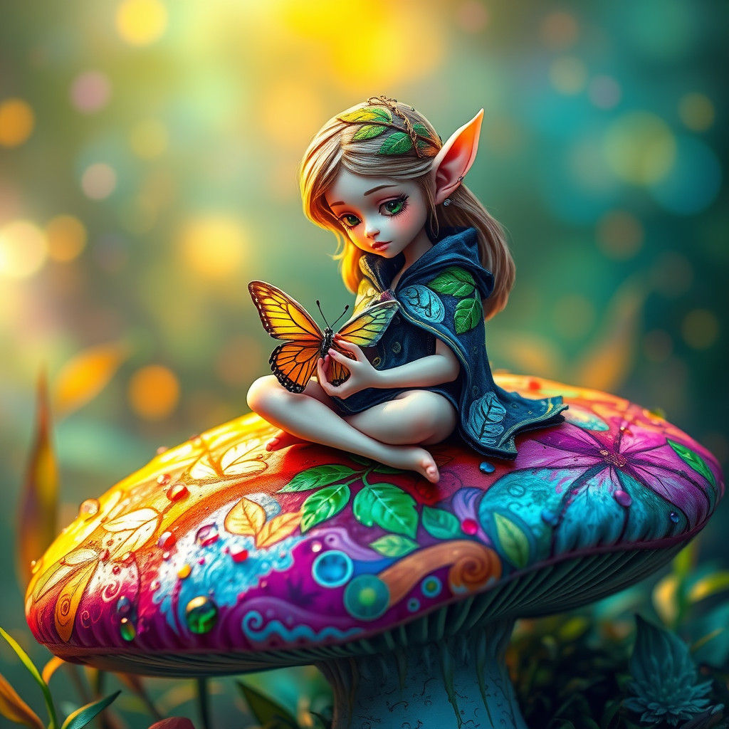 Elf and Butterfly on Mushroom, Street Art Style