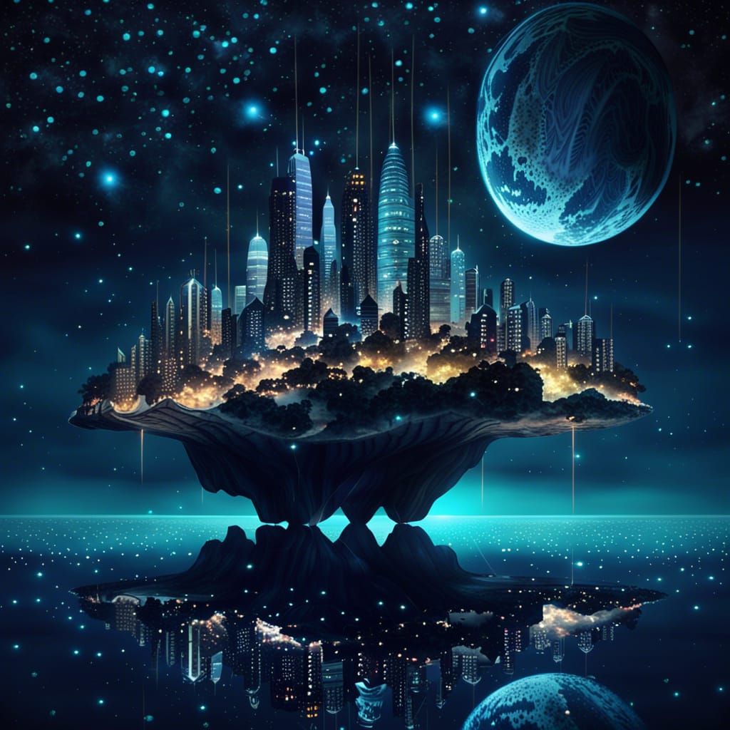 Futuristic Floating City in Starry Night Sky