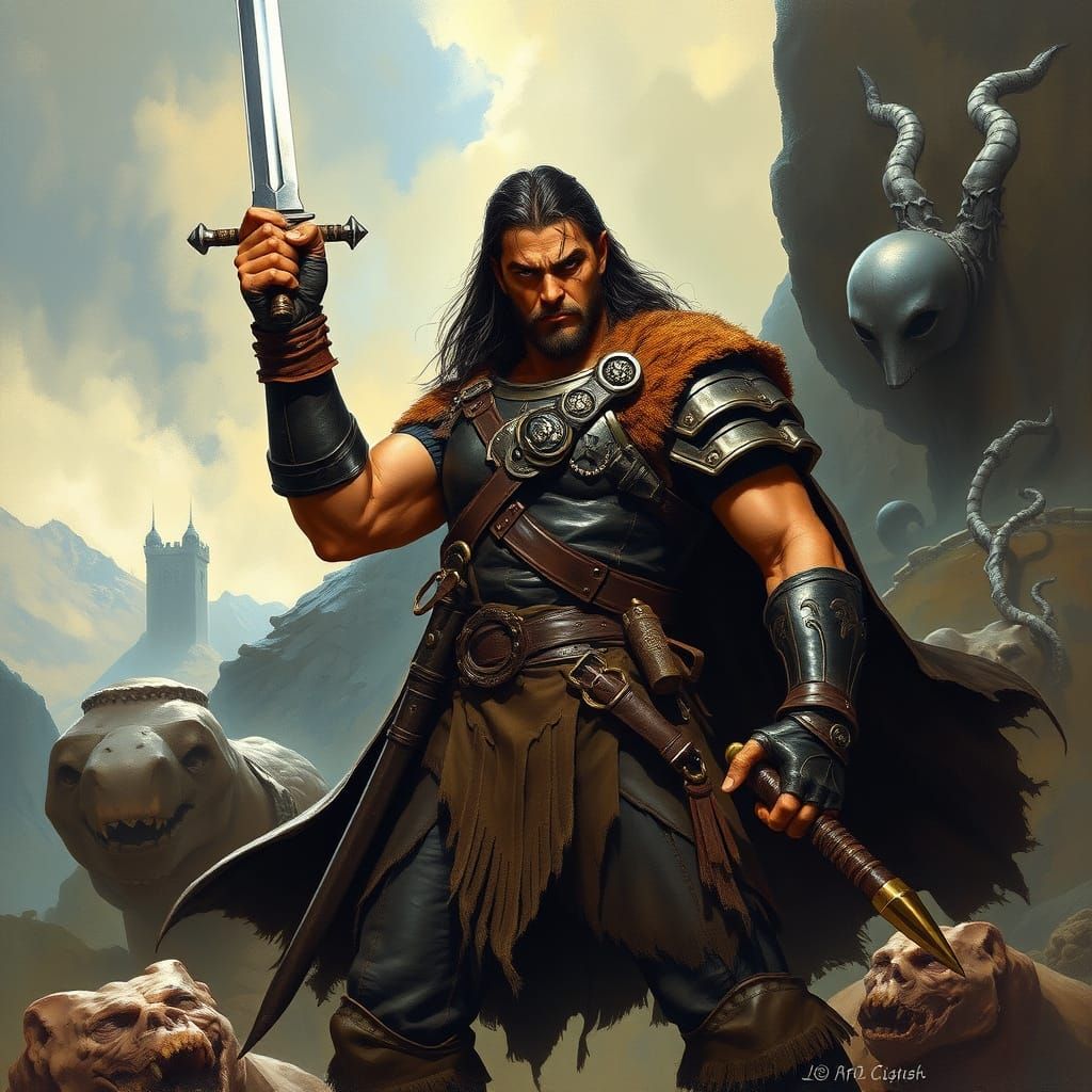 Heroic Warrior in Mystical Landscape, Fantasy Art