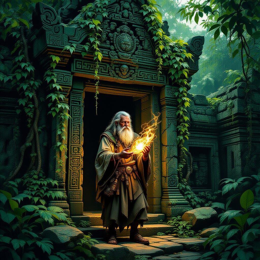 Elderly Adventurer at Ancient Temple Entrance in Dark Fantas...