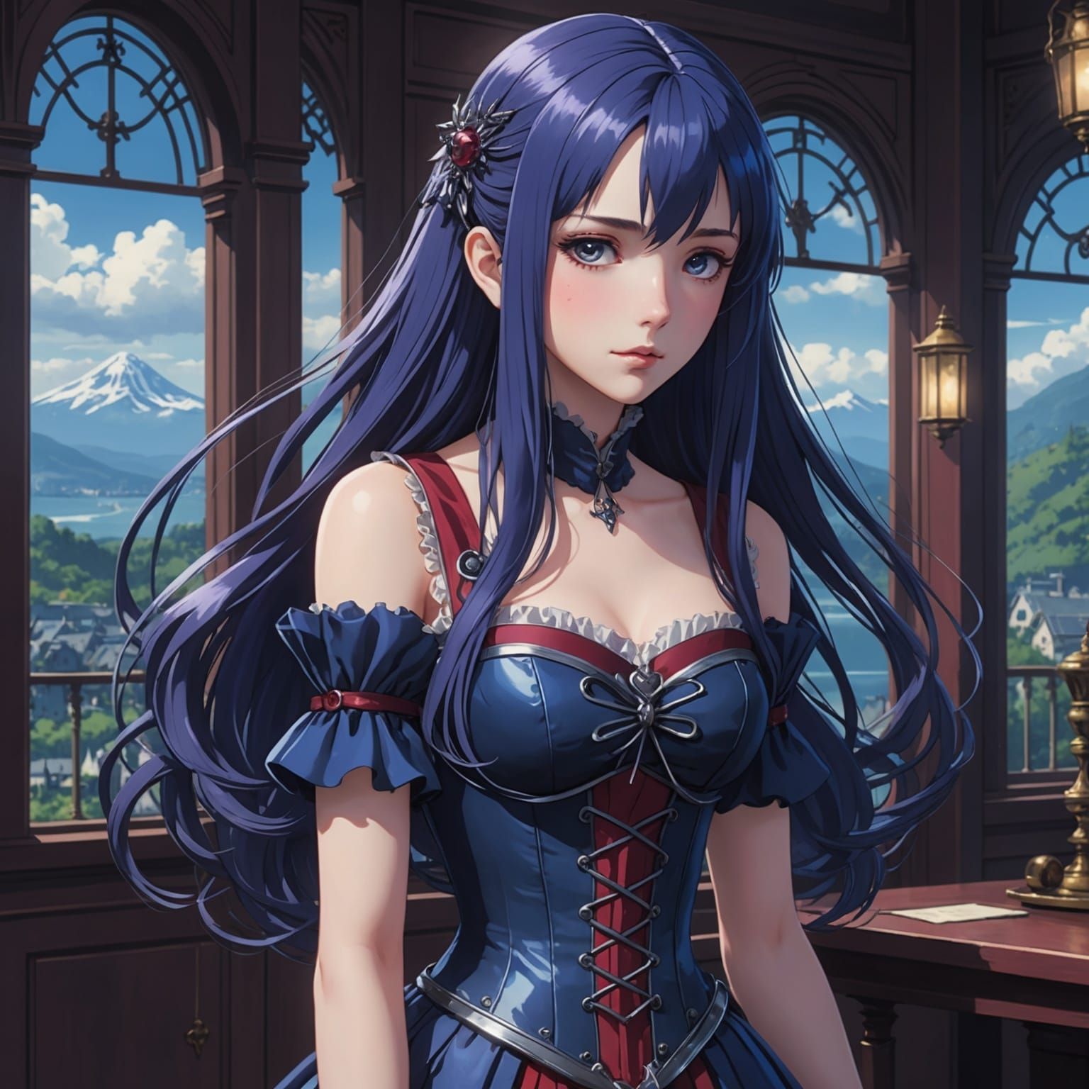 Anime Woman with Raven Hair and Corset, Ghibli Style