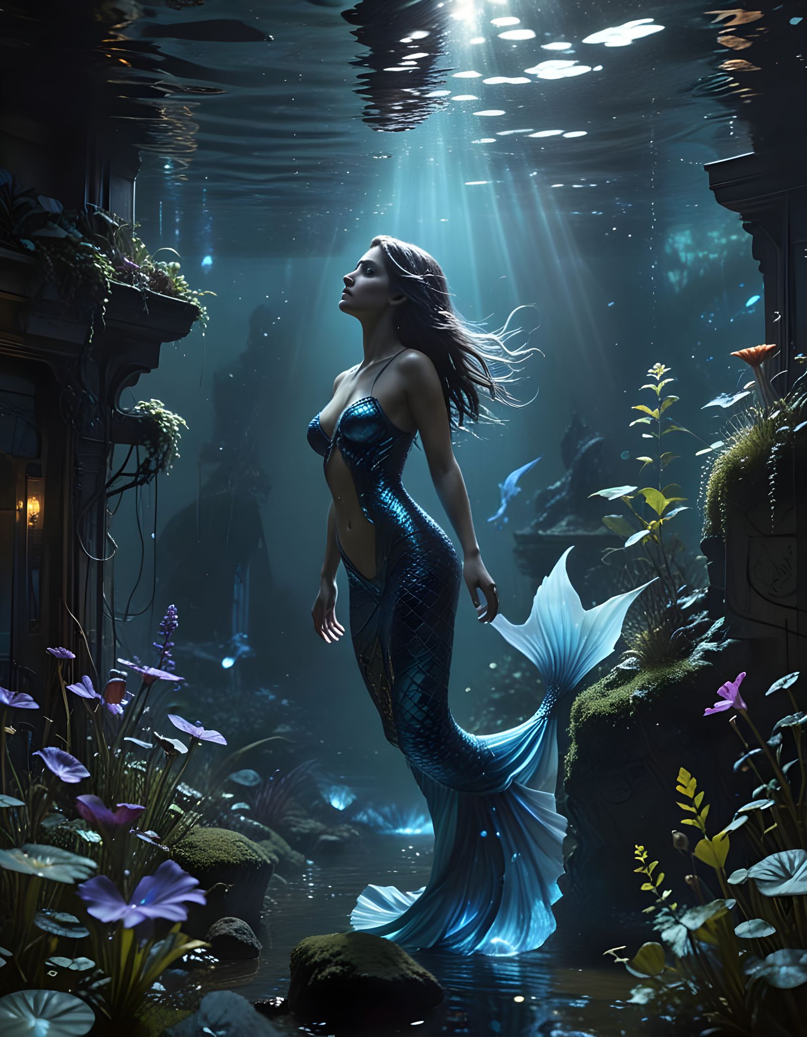 Surreal Mermaid Emerges from Dark Aquatic Depths
