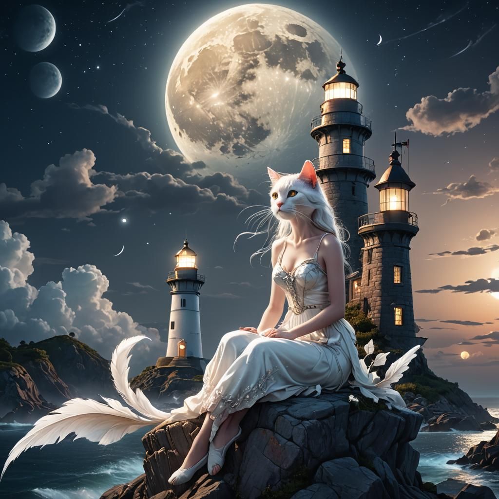 Ethereal Fairy on Lighthouse with Cat, Fantasy Art