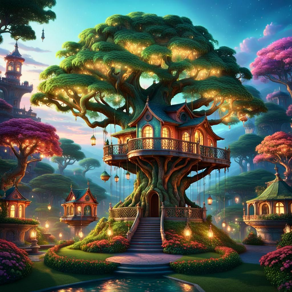 Tree-Man and Colorful Treehouse in Fantasy Landscape