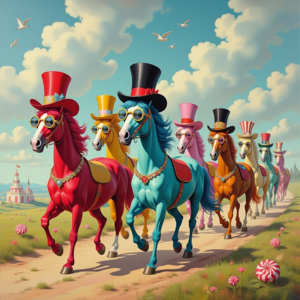 Surreal Oil Painting of Zany Horses in Candy Landscape