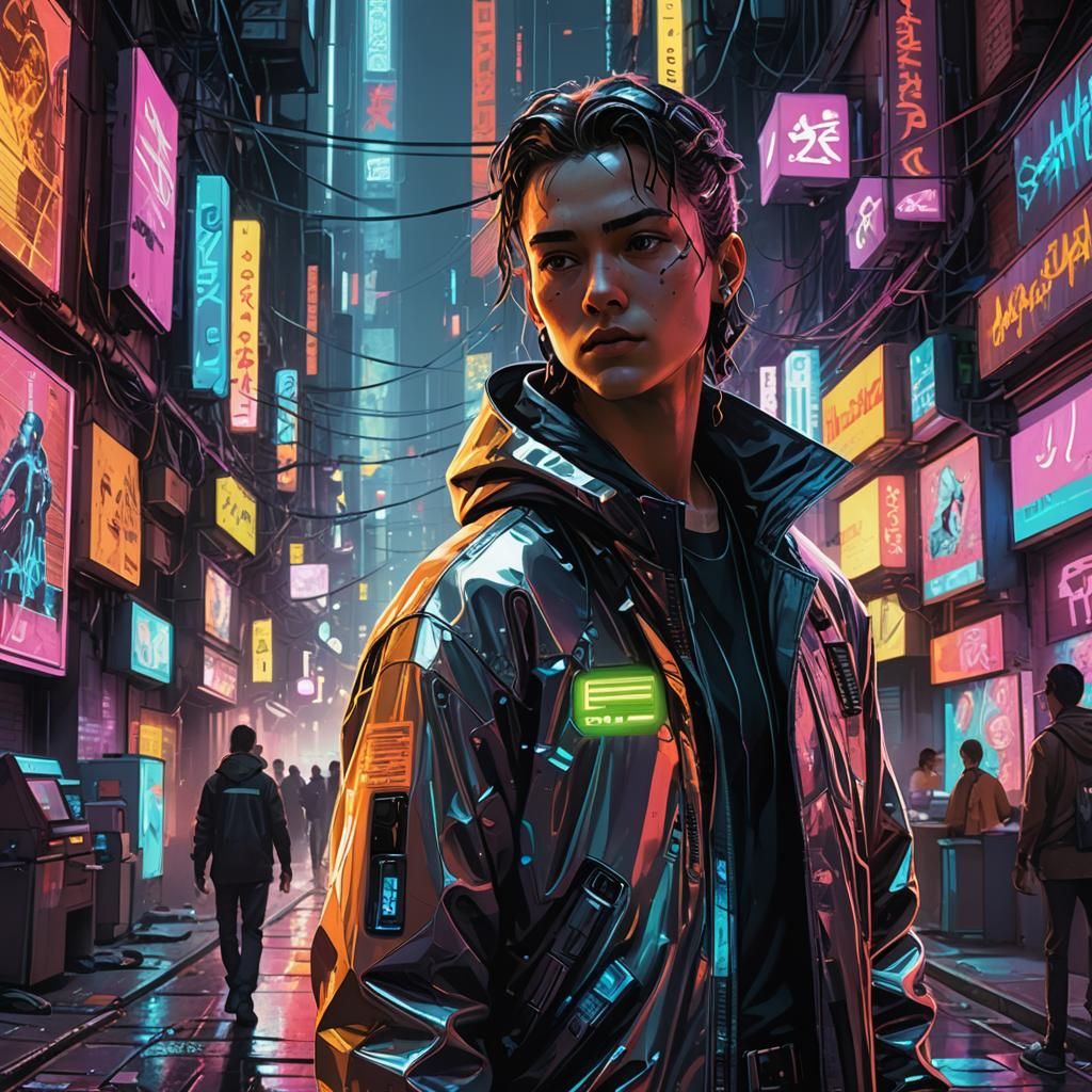 Cyberpunk Hacker in Neon Alleyway Concept Art