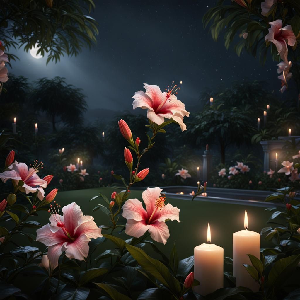 Cricket and Almond Tree in Lush Night Garden