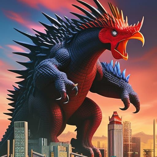 Giant Rooster Monster Over City in Comic Style