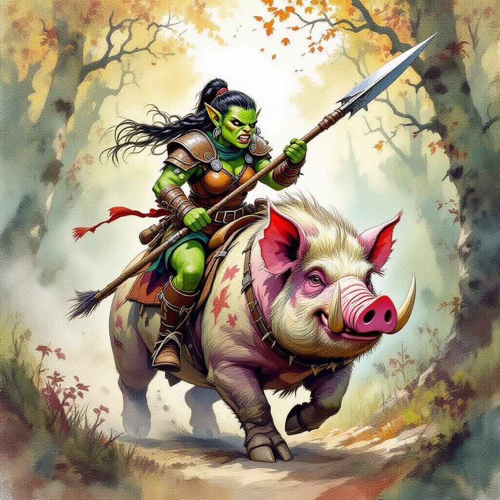 Goblin Barbarian Warrior on War Pig in Misty Forest