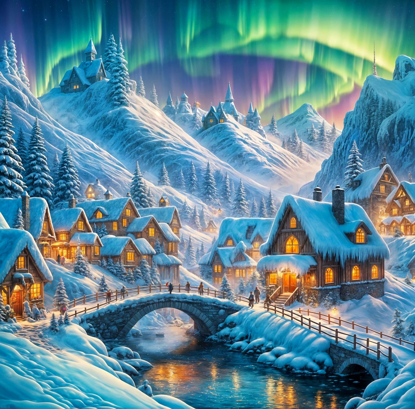 Fantasy Winter Village Under Northern Lights