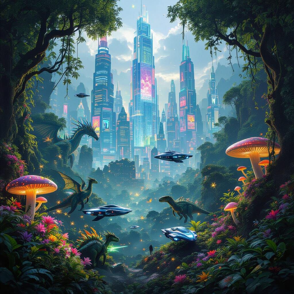 Futuristic Jungle City with Dragons and Fairies