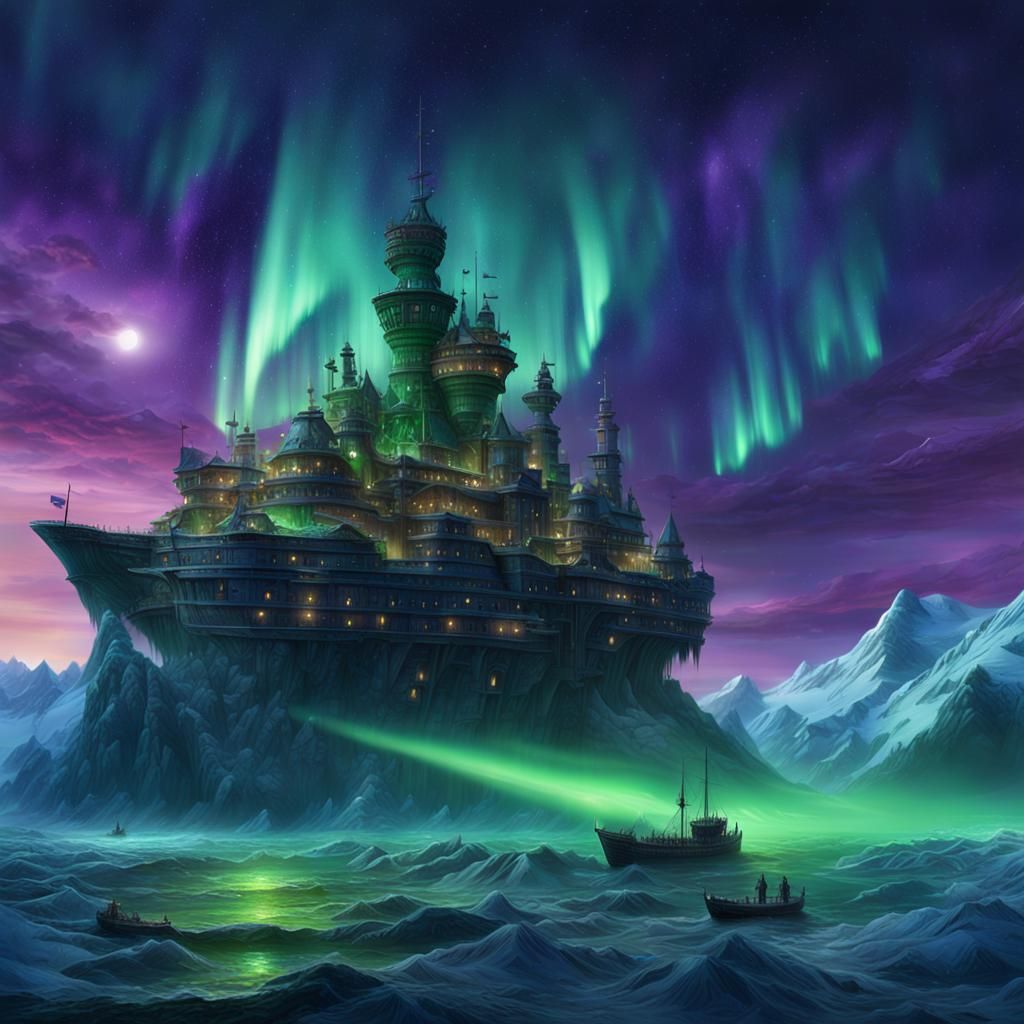Arctic Ship Fort Under Northern Lights
