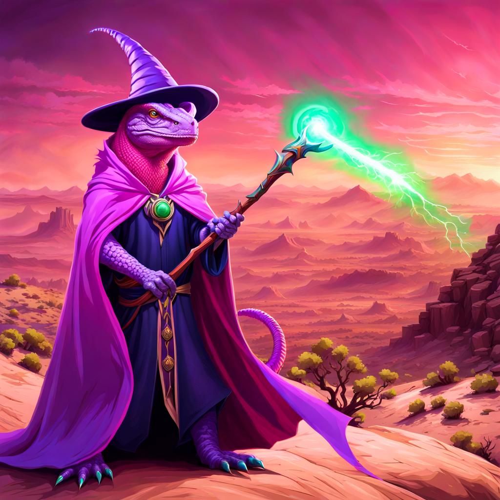 Pink Lizard Wizard Casting a Spell in Desert