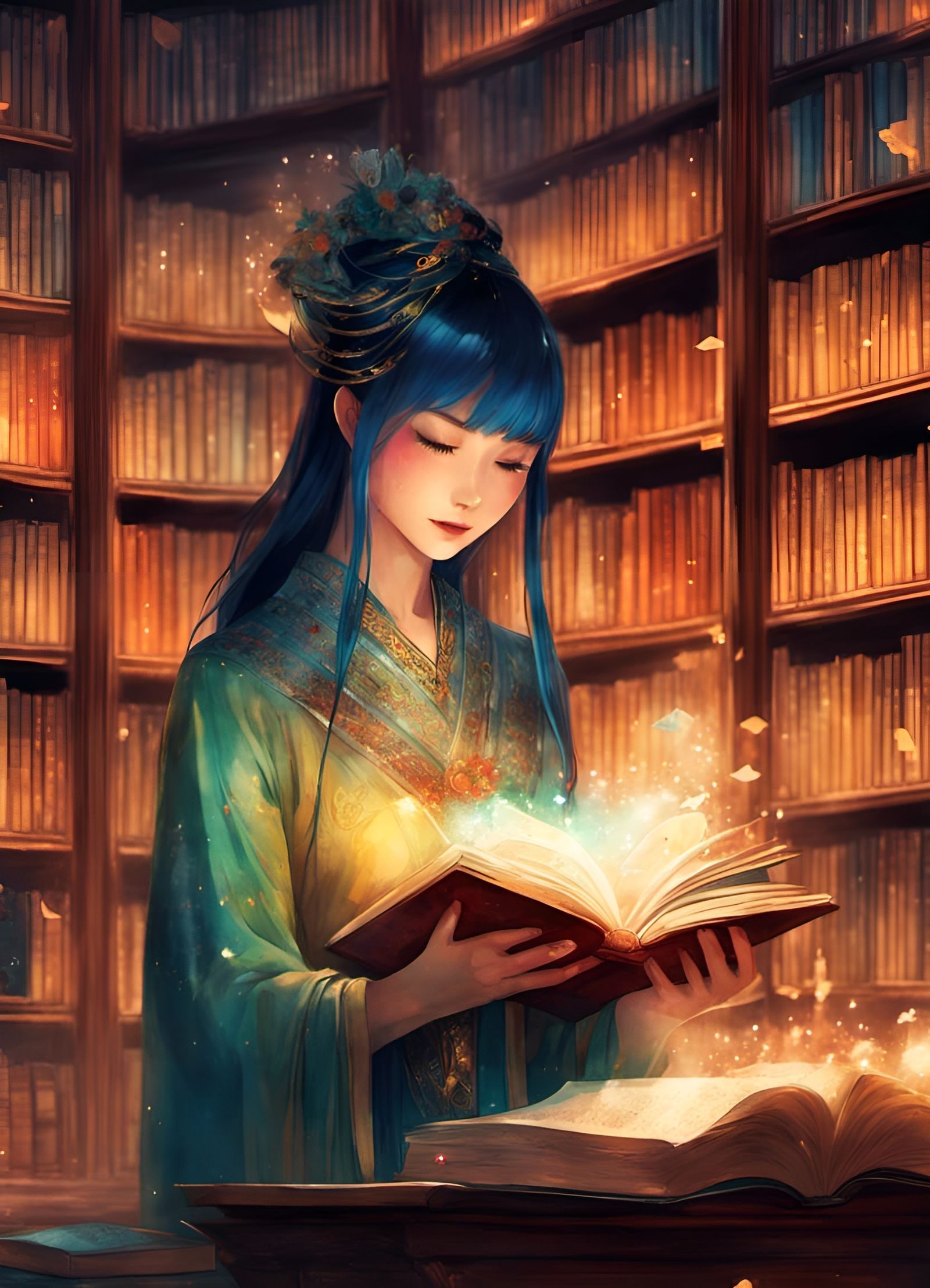 Anime Goddess of Books in Watercolor Style