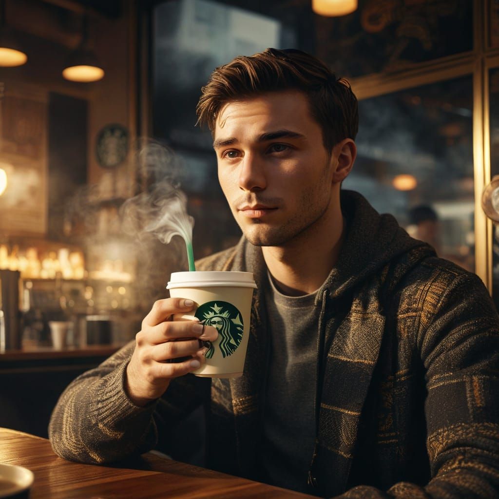 Art Deco Young Man Drinking Starbucks