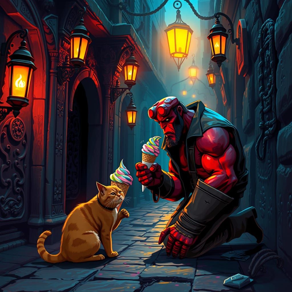 Hellboy Feeds Ginger Cat Ice Cream in Alleyway in Comic Styl...