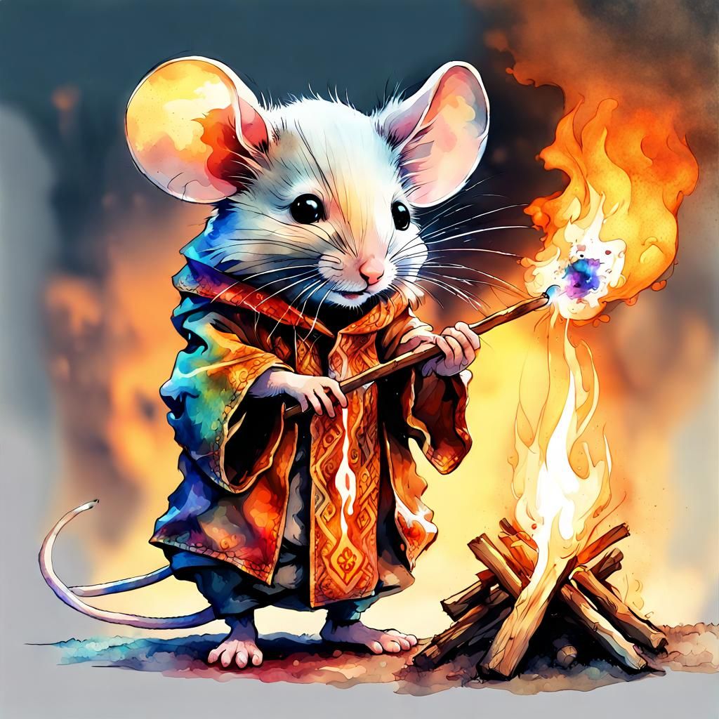 Chibi Mouse Fire-Wizard in Watercolor Fantasy