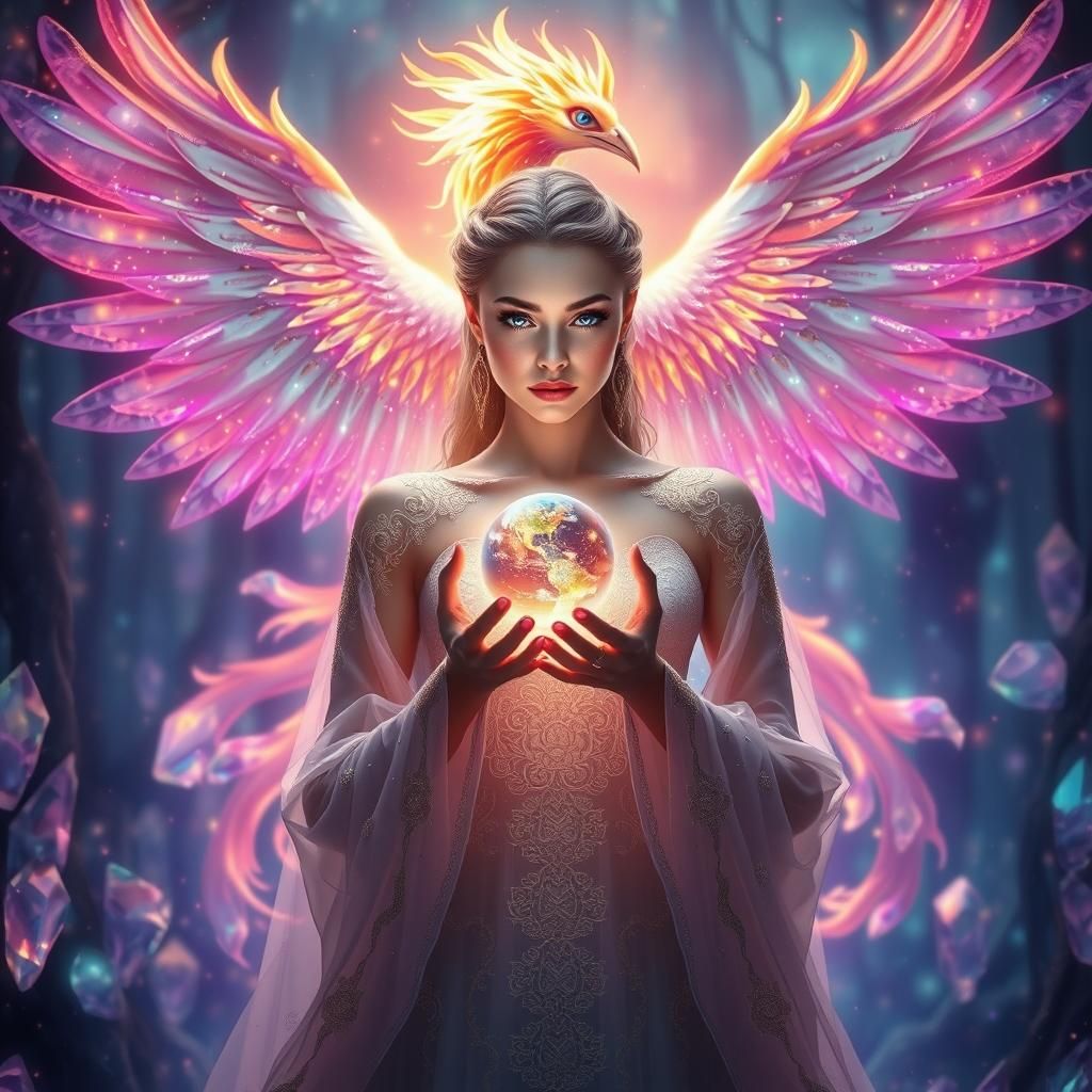 Ethereal Woman with Phoenix in Crystalline Forest