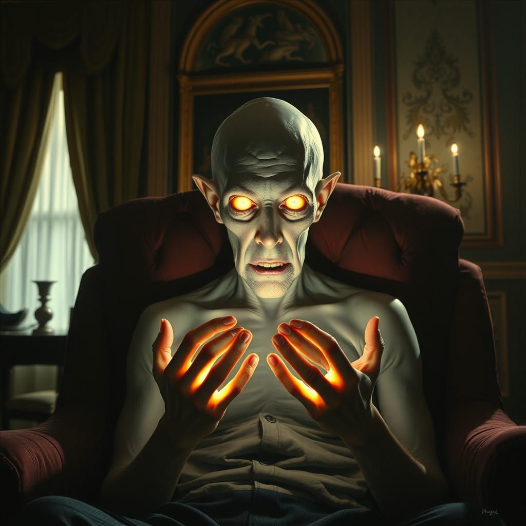 Pale Man in Dining Room, Distorted Horror Art