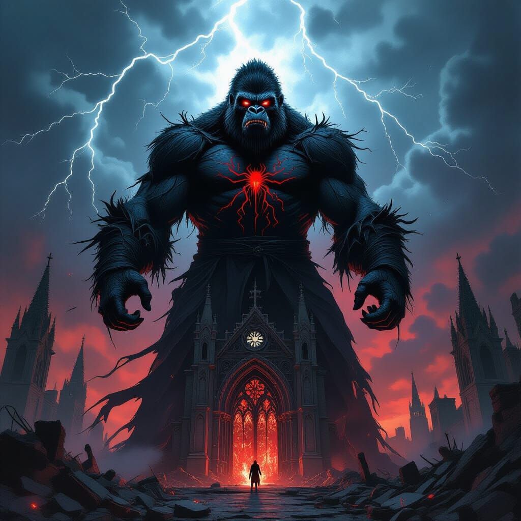 Demonic Gorilla Atop Gothic Cathedral in Gothic Horror Style