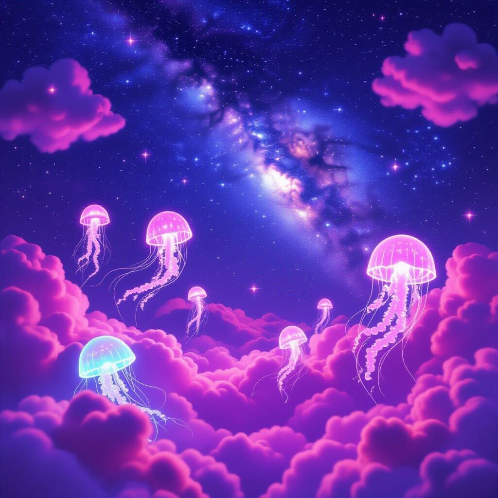 Neon Discotheque with Fluffy Clouds and Jellyfish