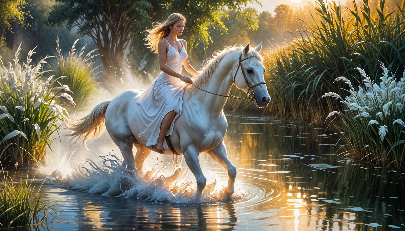 Woman and White Horse in Morning Sunlight