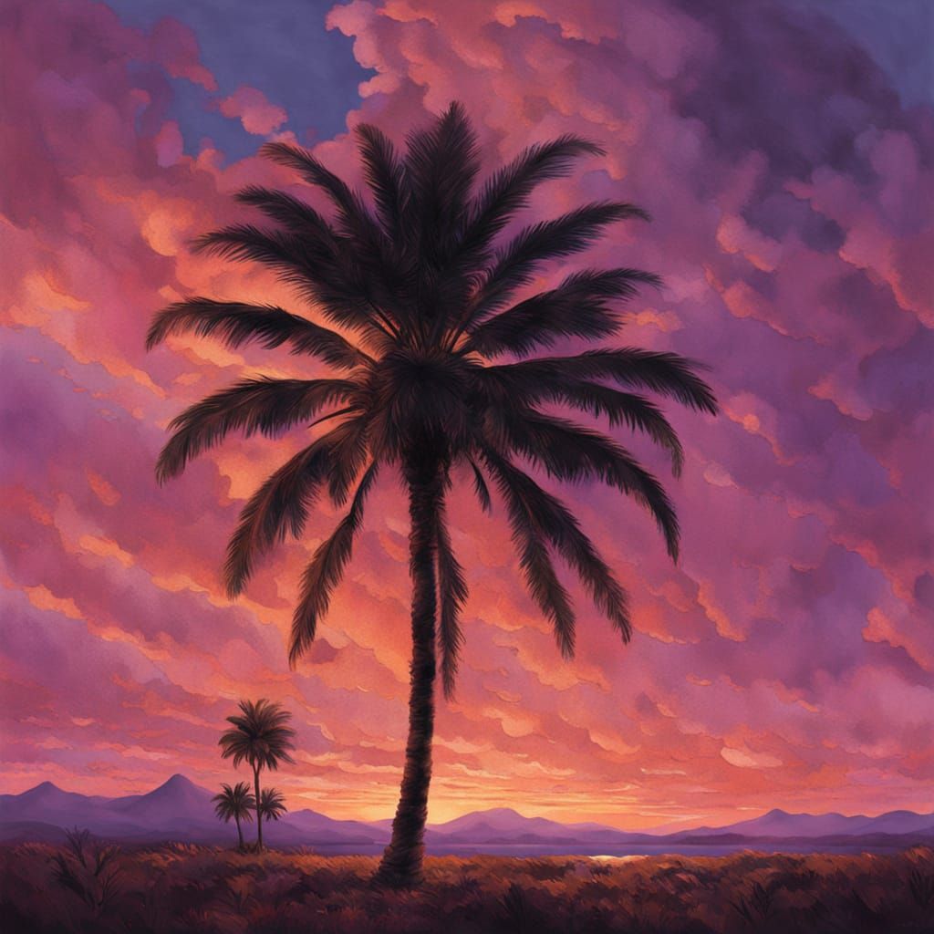 Vibrant Palm Tree Landscape in Deep Plum Purples and Blushin...